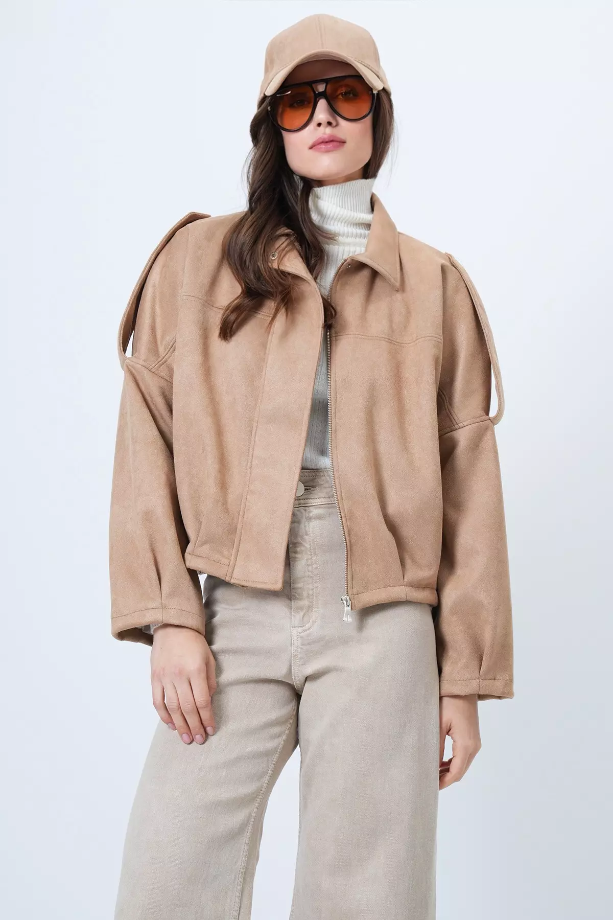 Beige Shoulder Padded Lined Faux Suede Bomber Jacket Alc-X14526