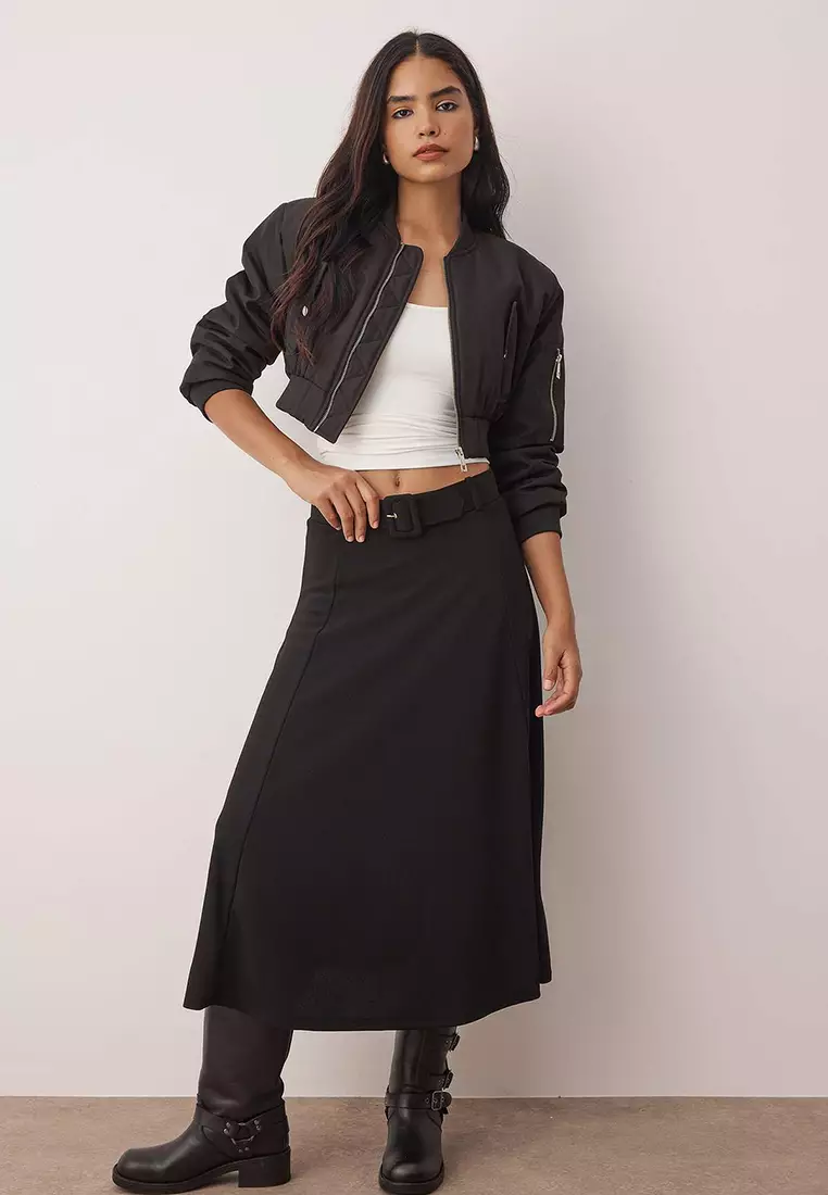 Black Belt Detailed Skater Maxi Flexible Knit Skirt Twoaw26Et00067