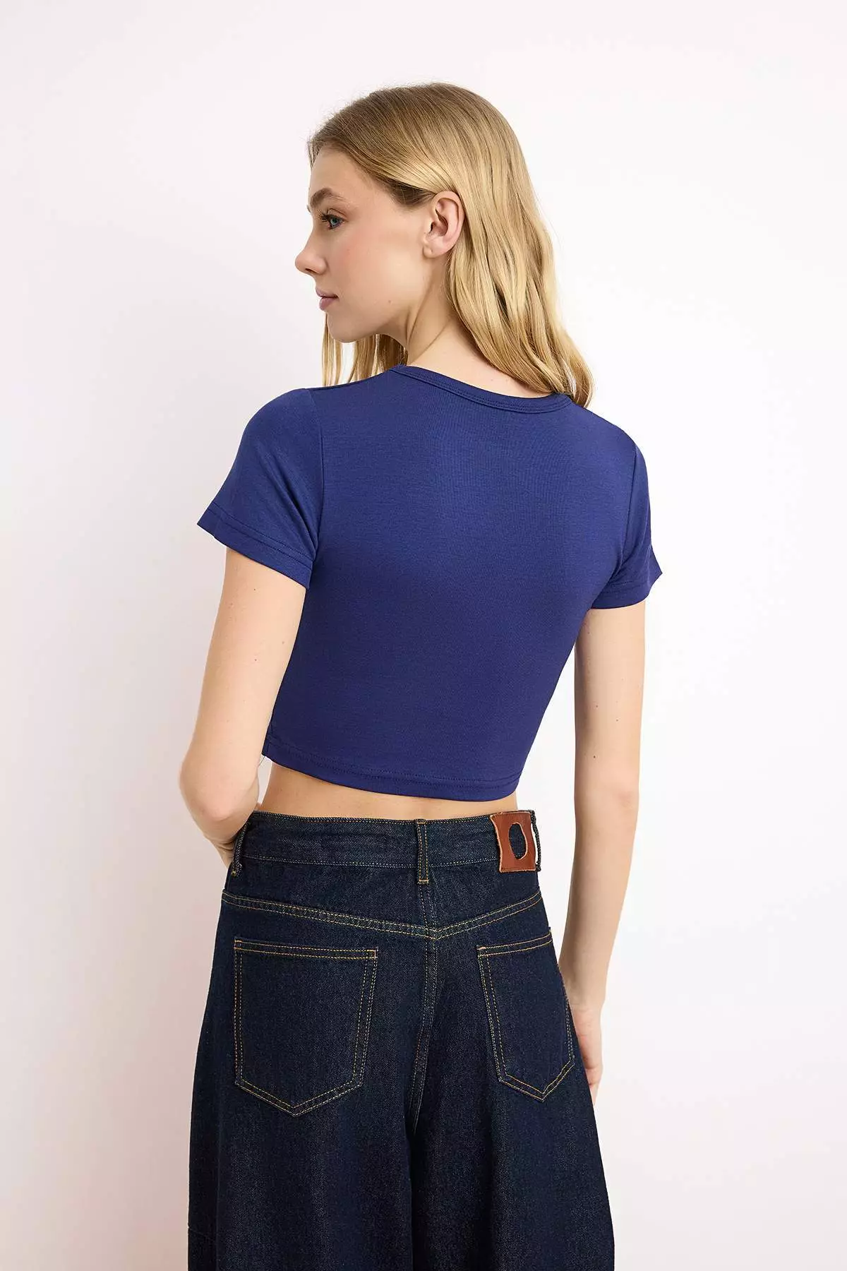 Navy Blue-Grey Melange 2-Pack Crop Viscose/Soft Fabric Stretchy Knitted Blouse Twoss23Bz18