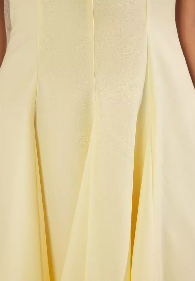 Yellow Skirt Waist Opening Crew Neck Mini Polyviscon Woven Dress TWOAW25EL00244