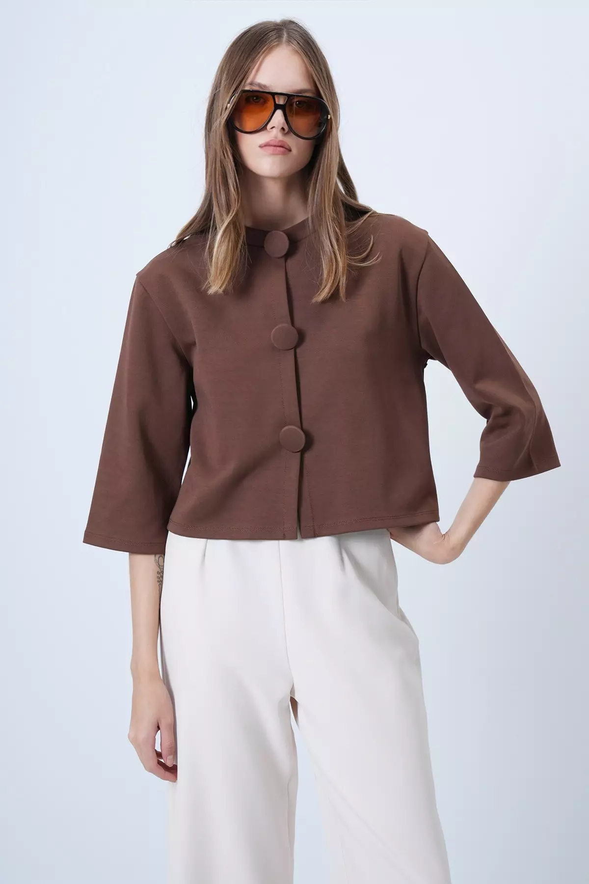 Brown Coated Buttoned Crew Neck Special Design Crop Jacket Alc-X14647