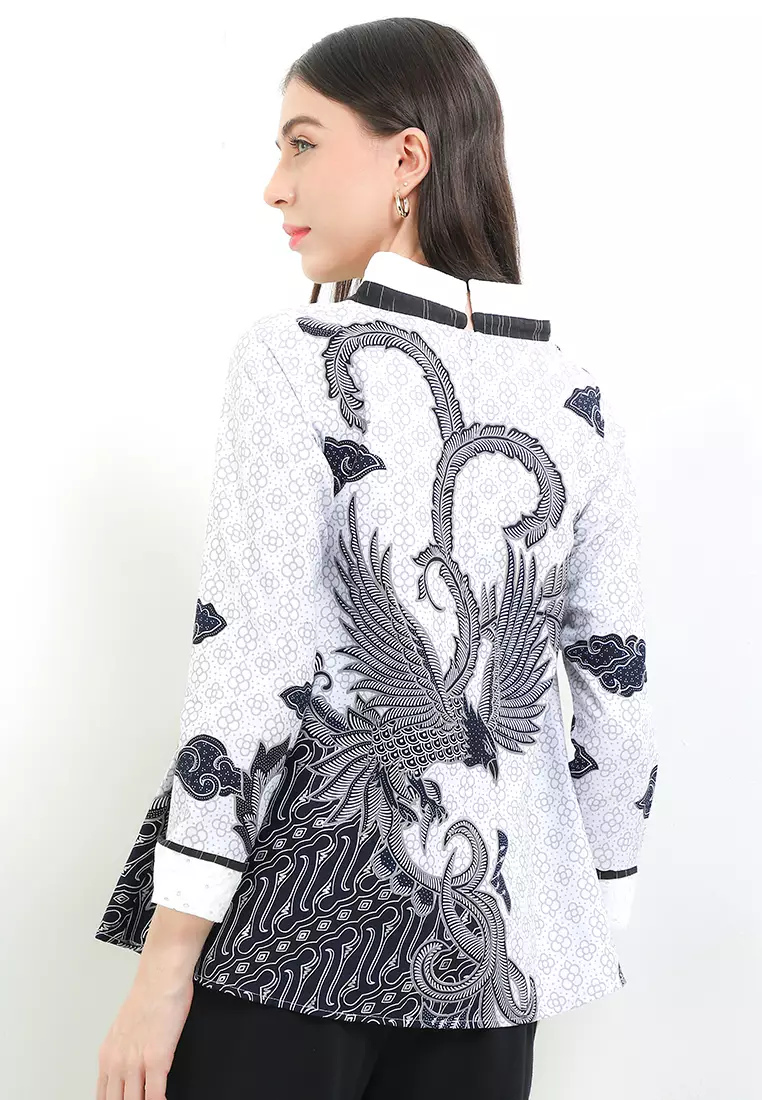 Blouse Atasan Batik Wanita Casual Modern Naswara Katun Bordir White