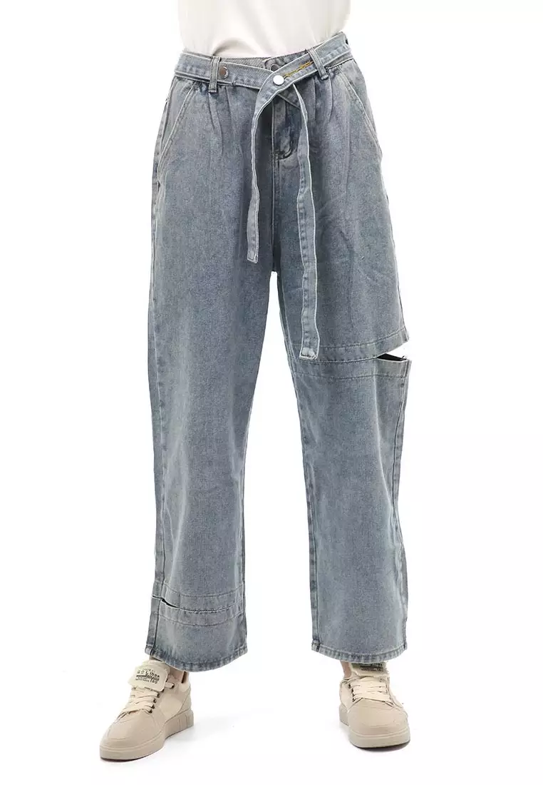 Jourel Celana Panjang Casual Highwaist Baggy Jeans Wanita Material Denim ORIGINAL - Light Blue