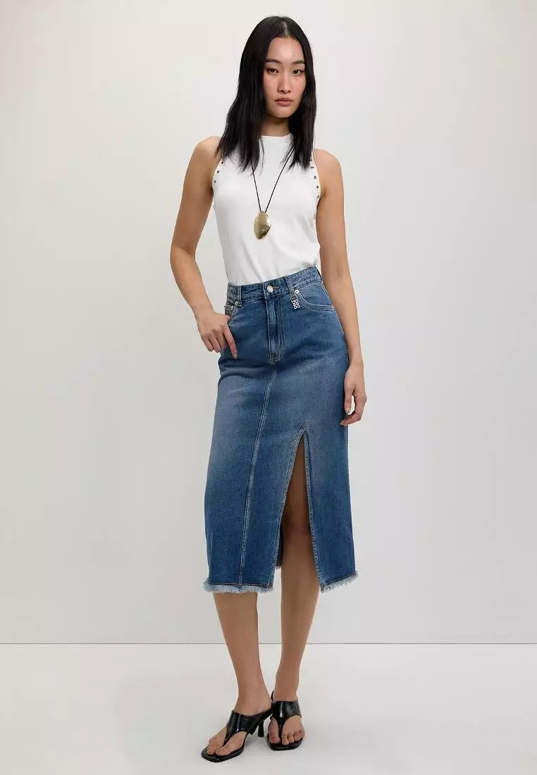 Frayed Side Slit Denim Skirt