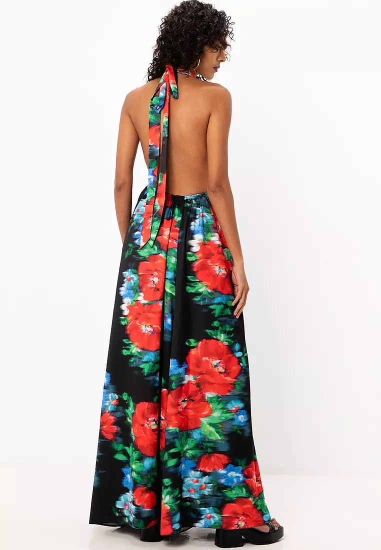 Satin Halter Neck Backless Wide Leg Jumpsuit