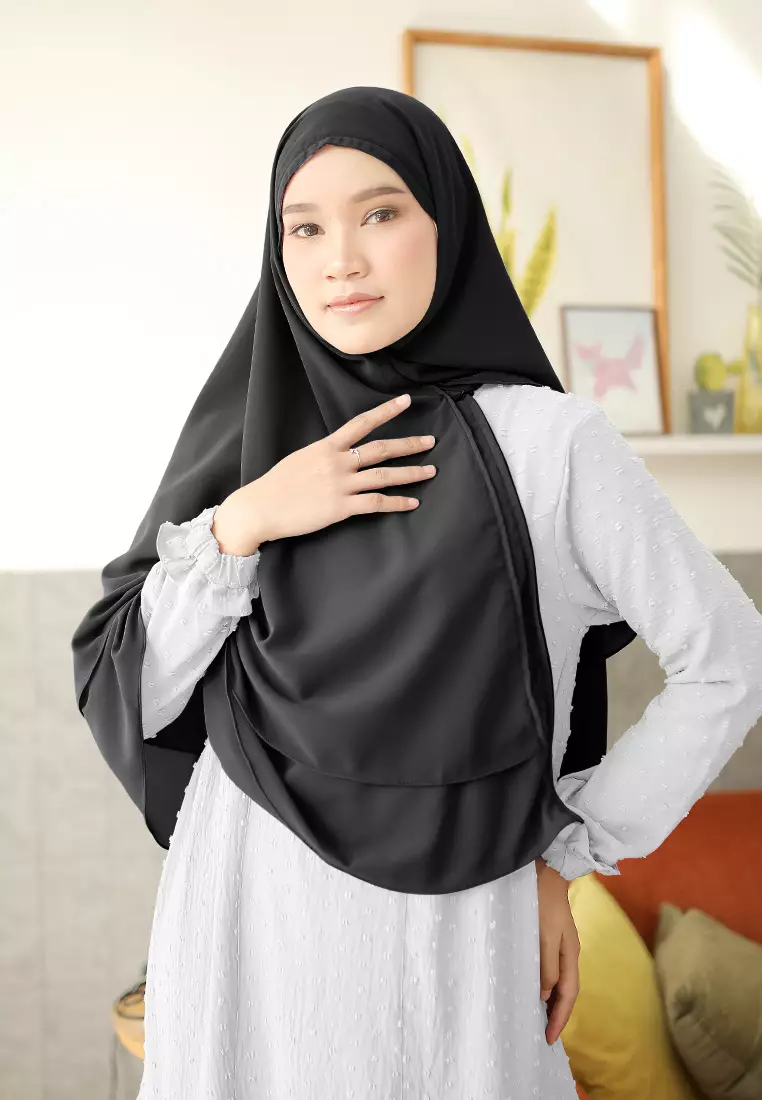 Anya Instan | Hijab Instan Resleting | Bergo Khimar Kerudung 2 Layer  - Sky Black