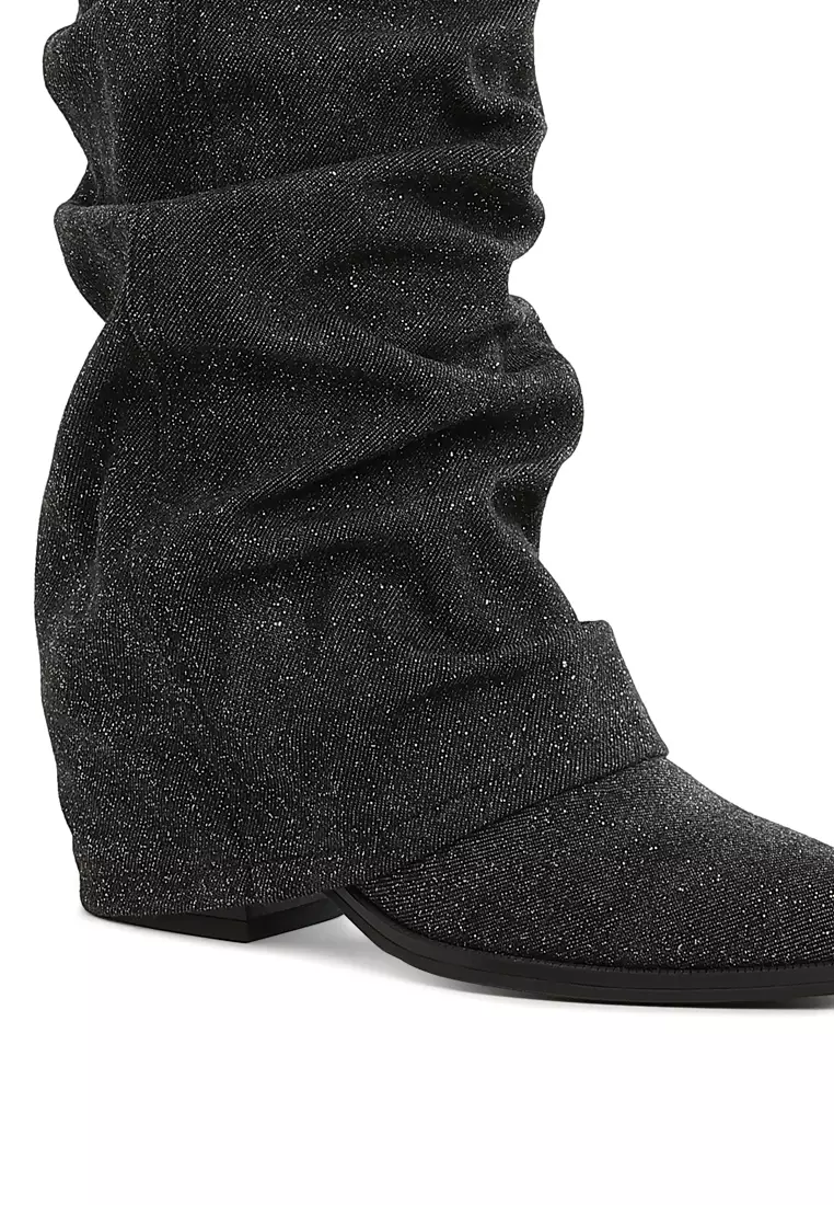 Fold-Over Slouchy Denim Boot in Black