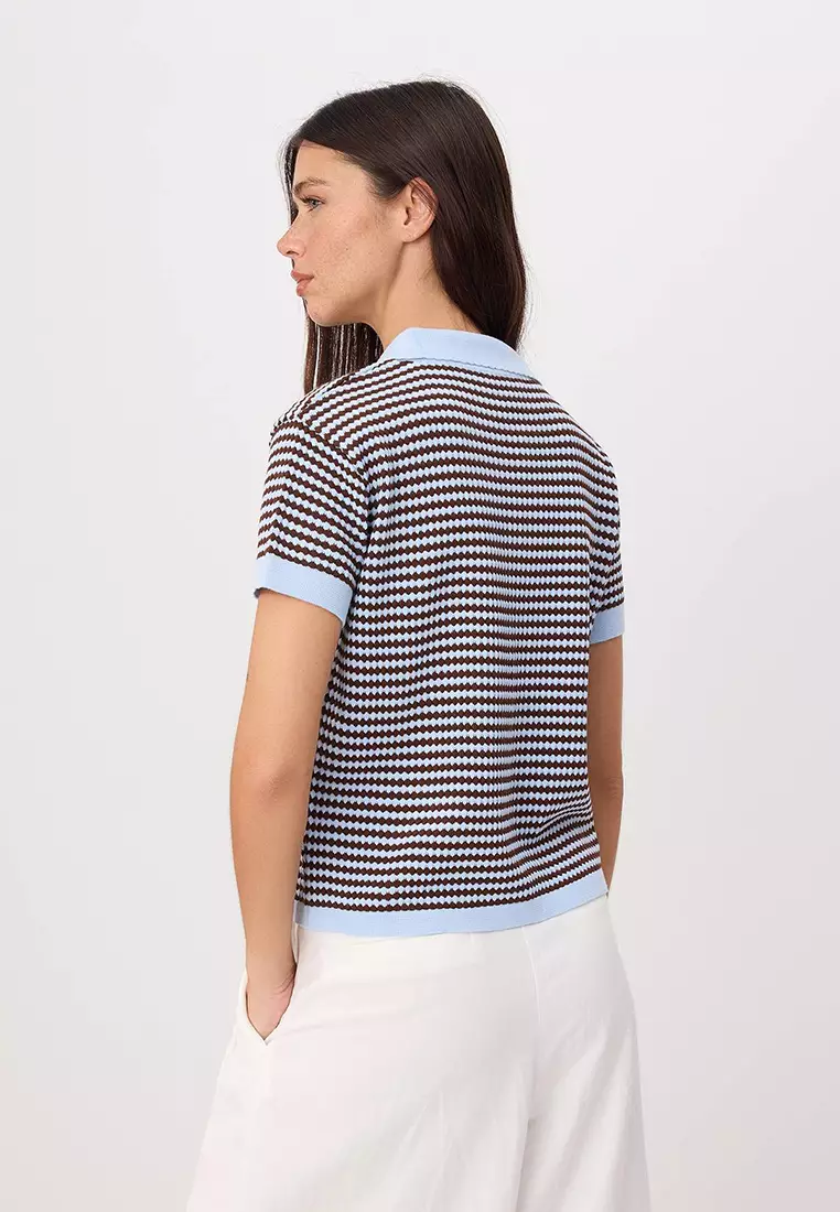 Brown Polo Collar Striped Knitwear Medium Blouse Twoss25Bz183