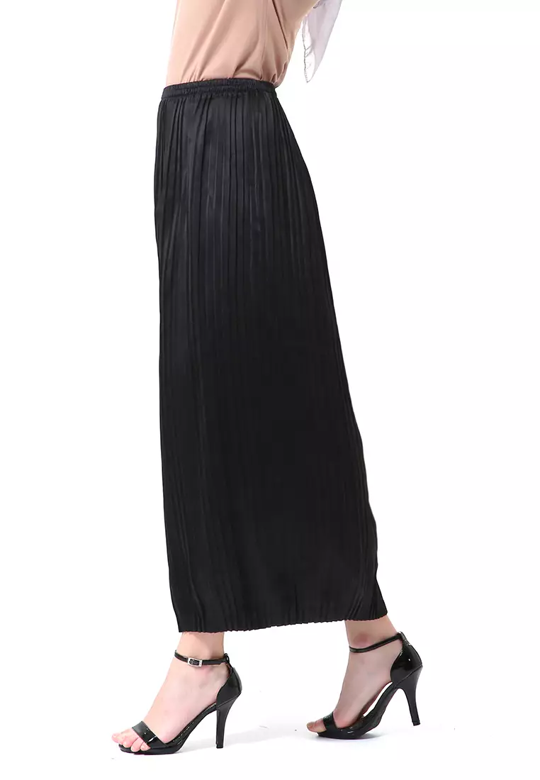 Angely Rok Plisket Rubbery Waist Fashion Wanita Simple - Hitam