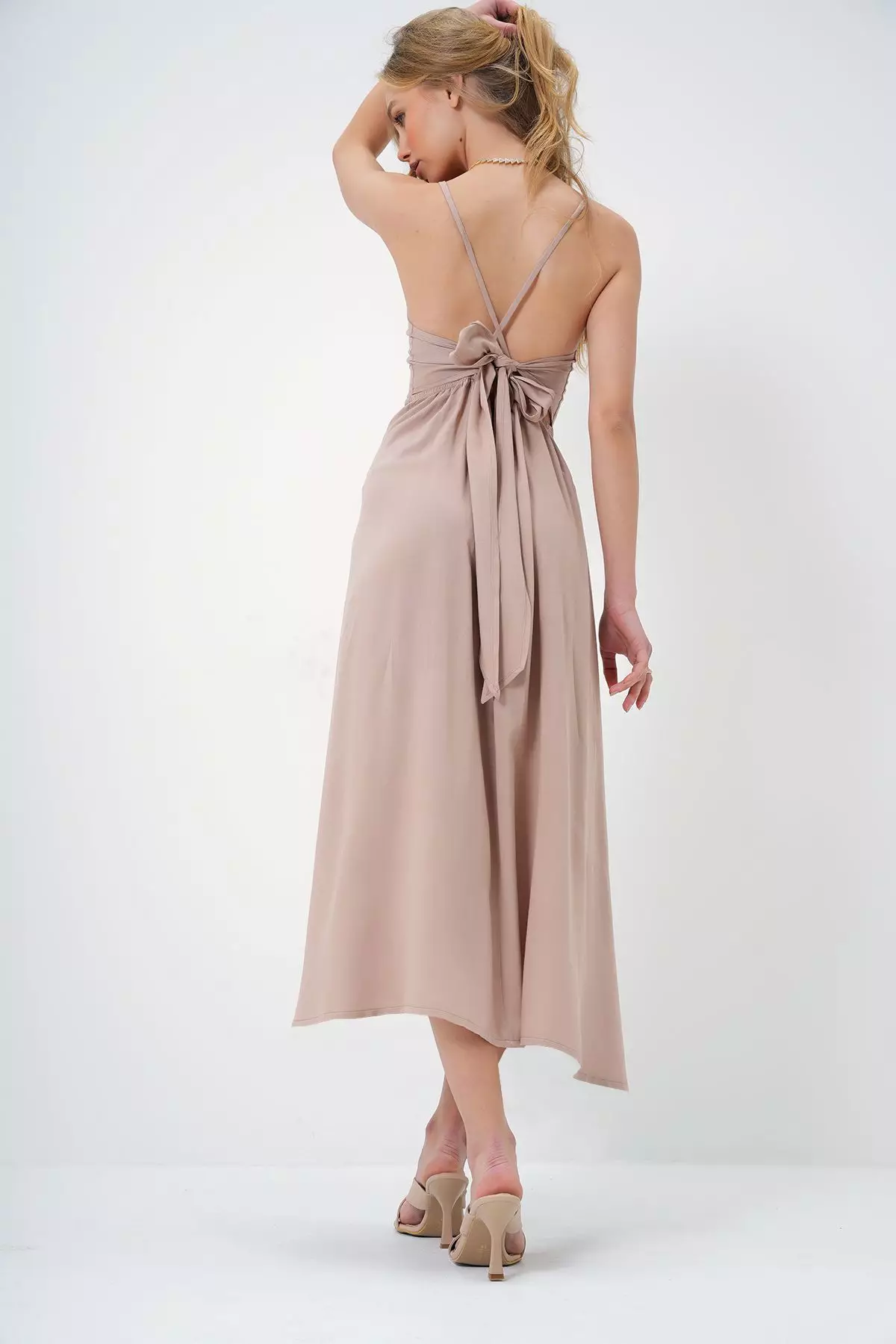 Women's Beige Rope Strap Back Tie Detail Maxi Size Summer Dress