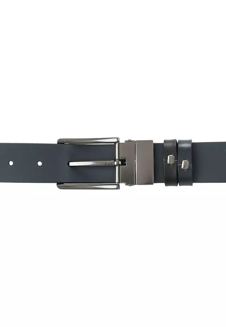 Gunmetal Formal Square Pin Buckle Reversible Top Grain Leather Belt