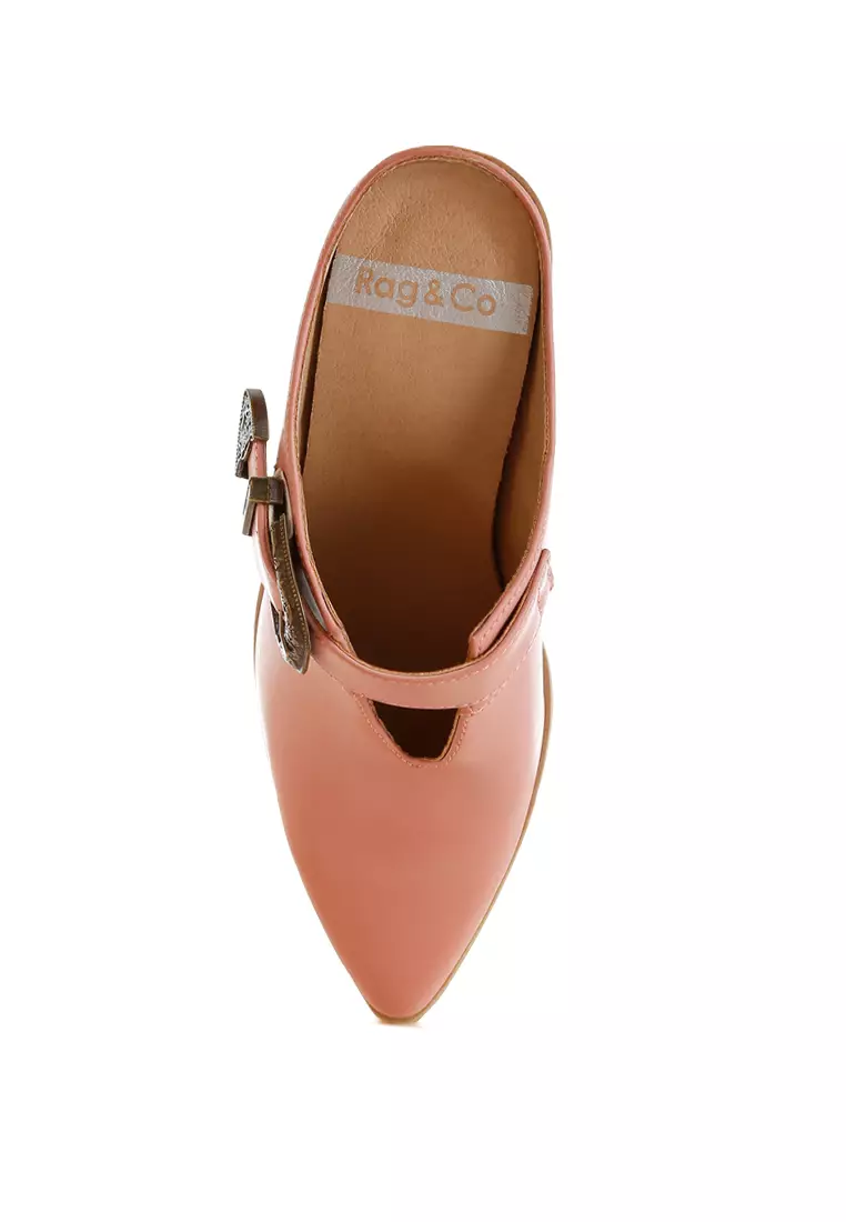 Carved Buckle Statement Mules in Pink