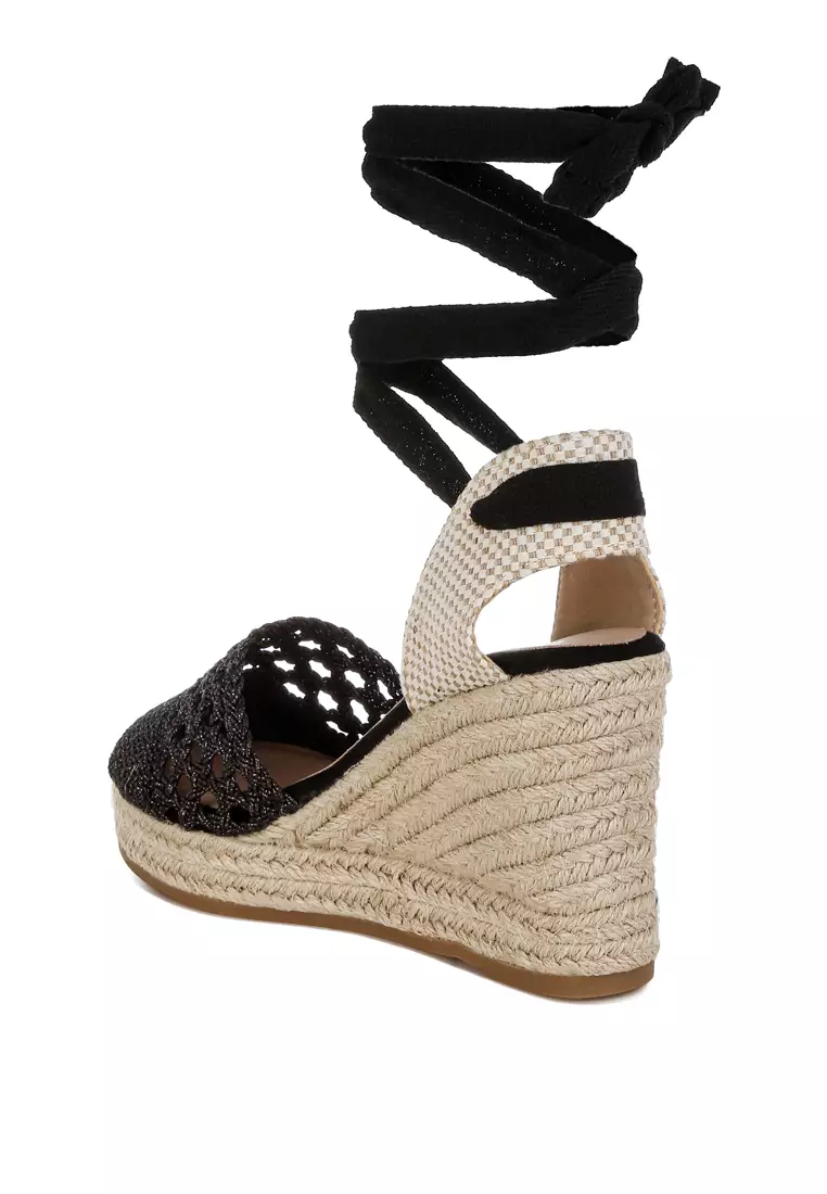 Black Woven Lace-Up Espadrille Wedges