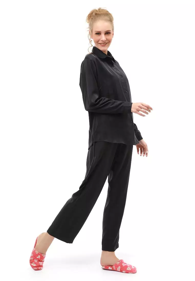 Vance Pajamas Salur Setelan Baju Tidur Wanita Lengan Panjang Material Cotton Silky ORIGINAL - Black