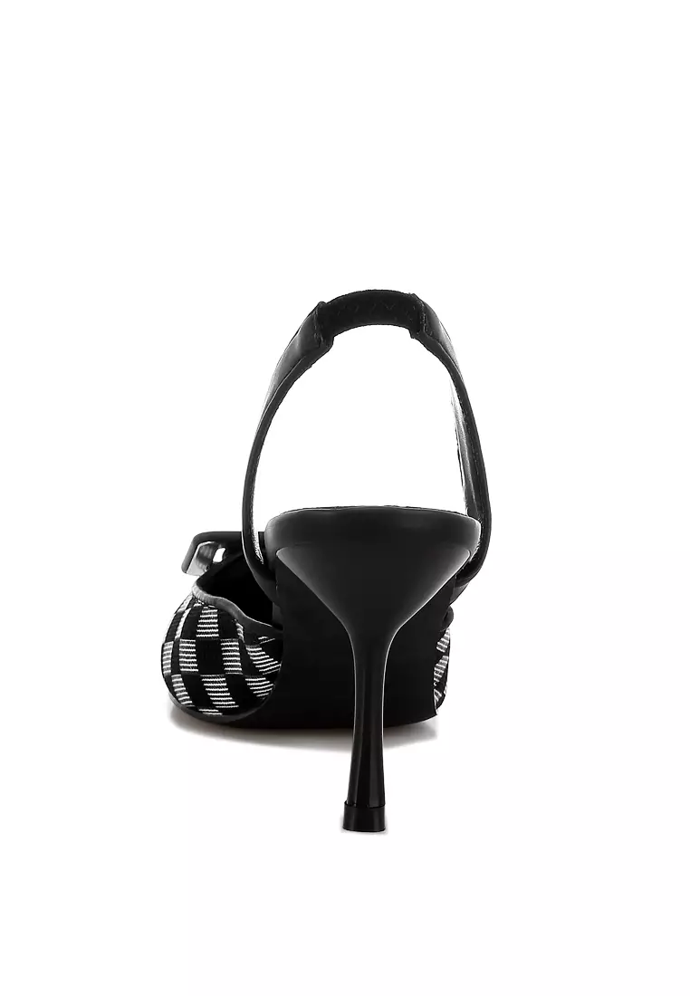 Sepatu hak stiletto runcing motif kotak-kotak warna hitam