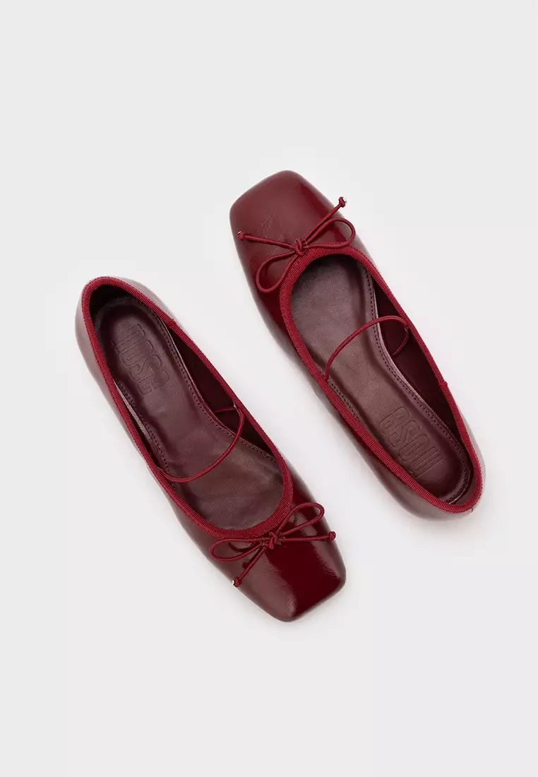SQUARE TOE BALLET FLATS WITH STRAP & RIBBON