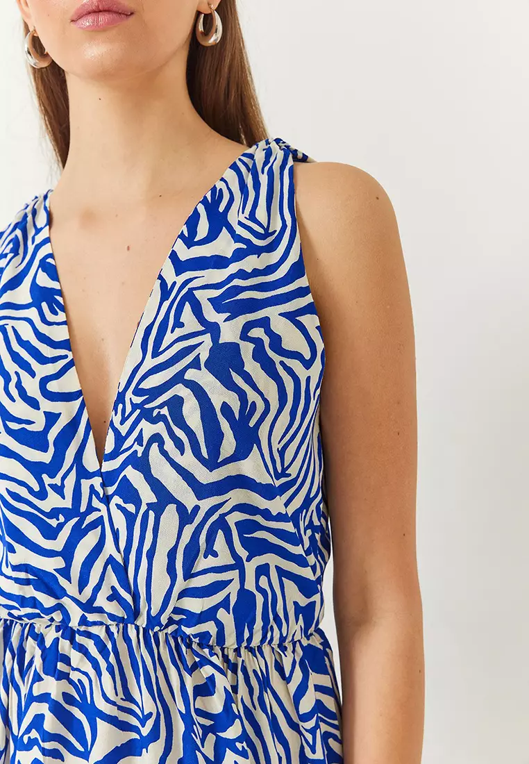 Women's Double Breasted Neckline Elastic Waist Back Rope Tie Print Dress 60261428