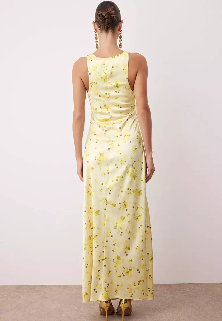 Yellow-Multicolored Plain Bodycon Woven Satin Maxi Evening & Graduation Dress
