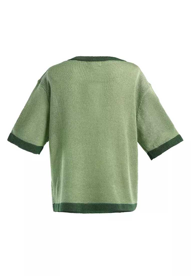 Green contrast neck and sleeve rib t-shirt