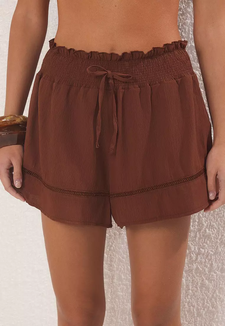 Brown Woven Textured Stripe Accessory Beach Shorts Tbess25Sr00005