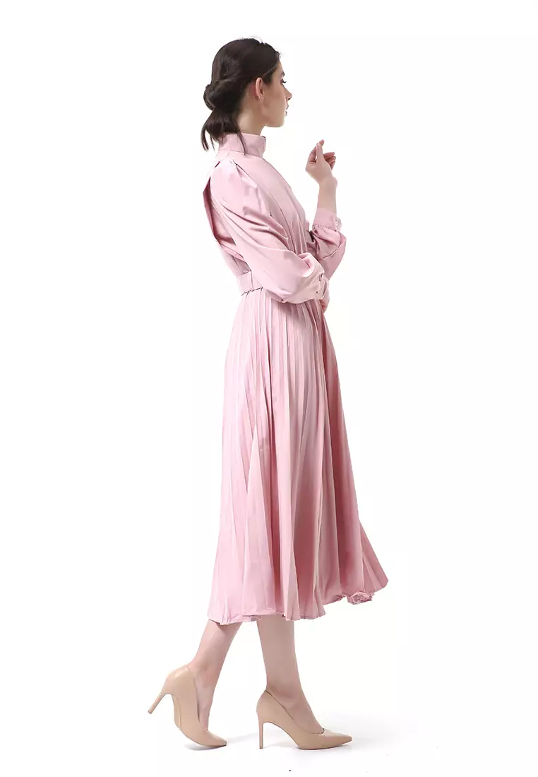 Rachel Long Dress Wanita Turtleneck Lengan Panjang Material Twiscone ORIGINAL - Pink