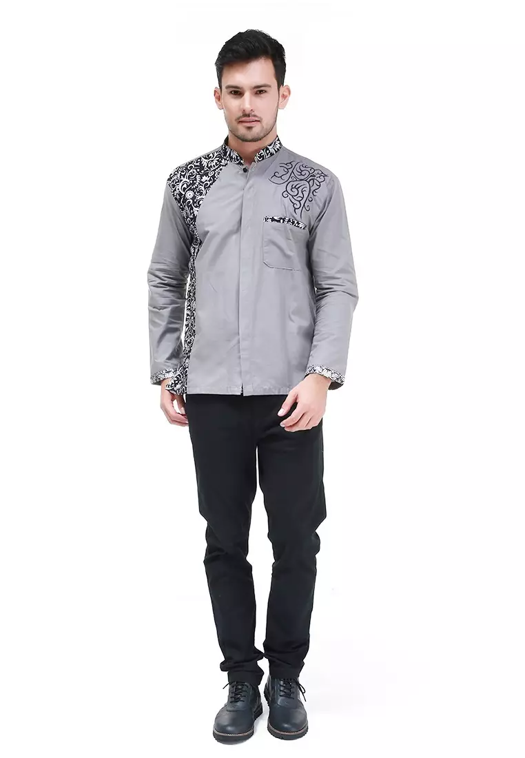 Dwan Kemeja Batik Pria Simple Atasan Formal Longsleeve Shirt Material Cotton ORIGINAL - Grey