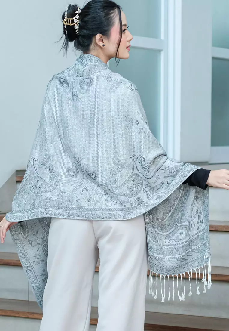 Aksesoris Wanita Reversible Viscose Full Paisley Pattern Pashmina Shawl Syal Wanita Misty Silver