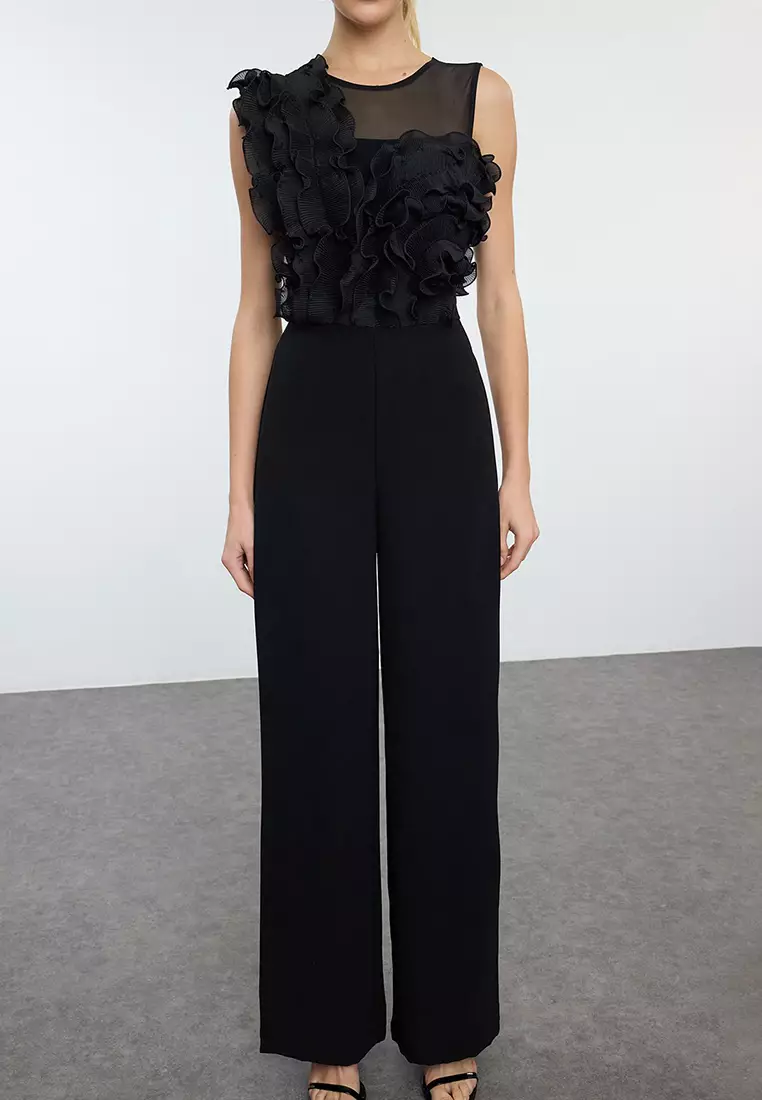 Black Tulle Detailed Woven Jumpsuit TPRAW25TU00000