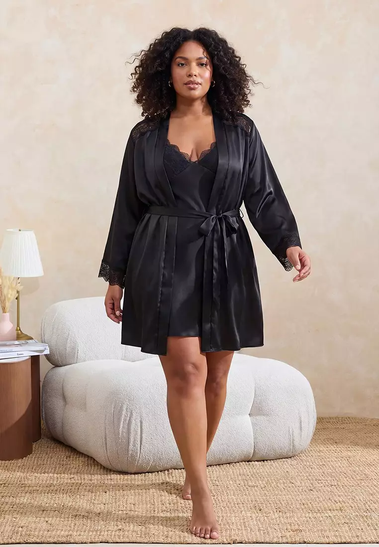 Black Satin Woven 2-Piece Set Dowry Set Plus Size Nightgown Tbbss26Ch00003