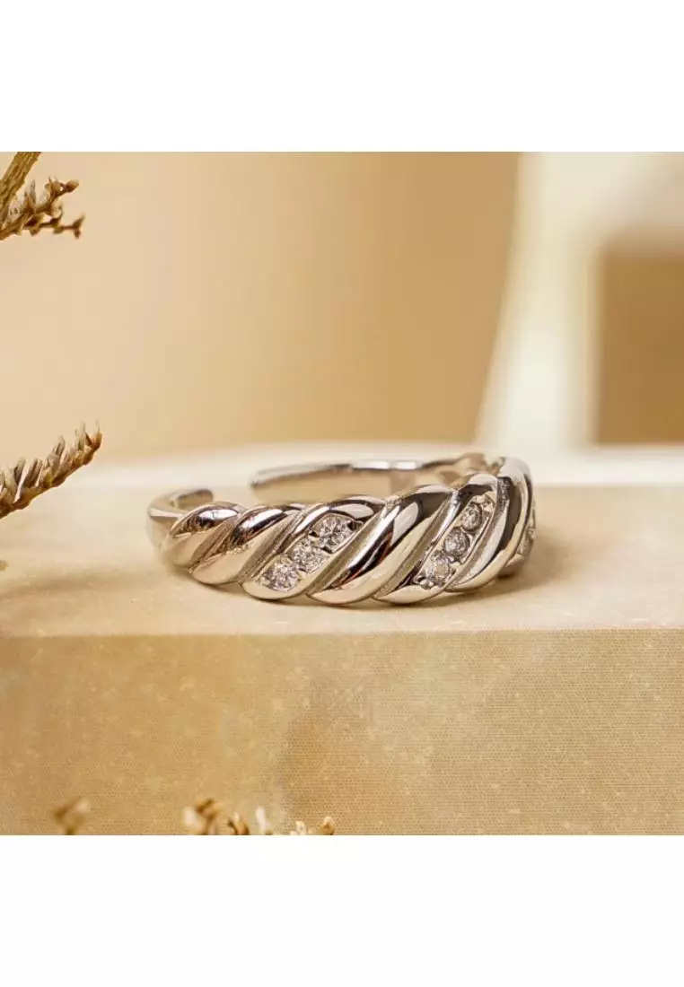 Millennia 2000 Croissant Studded Cubic Zirconia White Gold Ring with 925 Sterling Silver