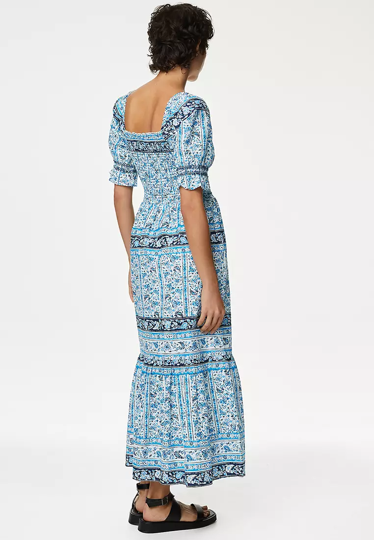 Pure Cotton Printed Square Neck Midi Dress