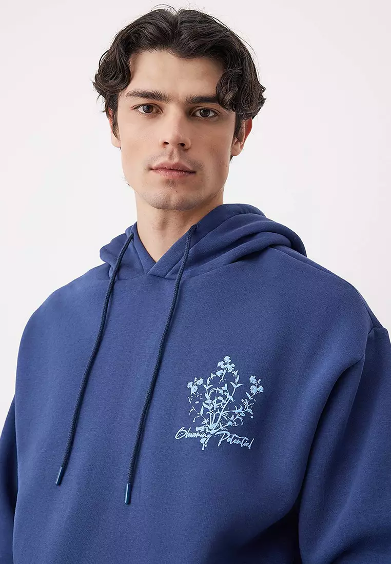 Navy Blue Oversize/Wide Cut Hooded Printed Fleece Inside/Warm Sweatshirt Tmnaw24Sw00100