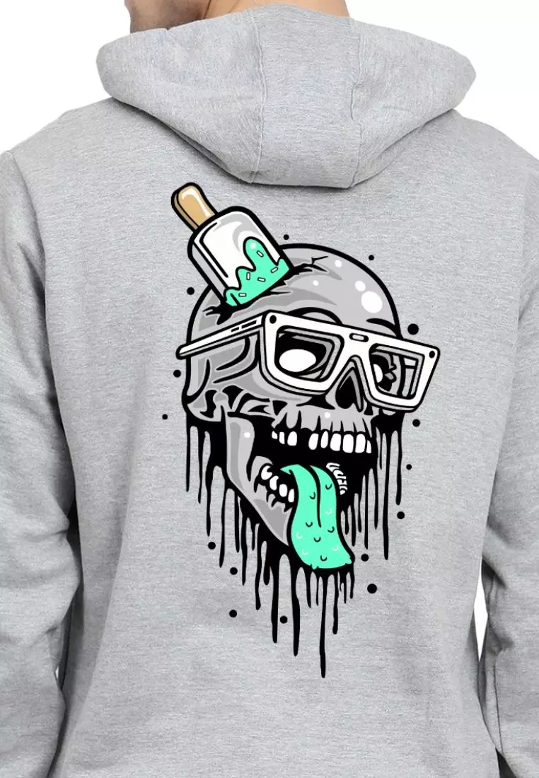 Mens Coloured Skull Graphic Print Grey Cotton Relaxed Fit  Hoodie