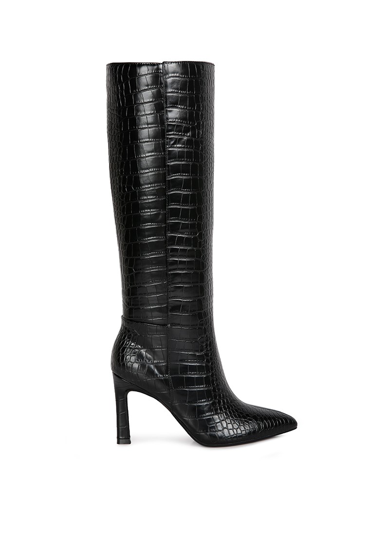 Black Croc High Heel Calf Boots