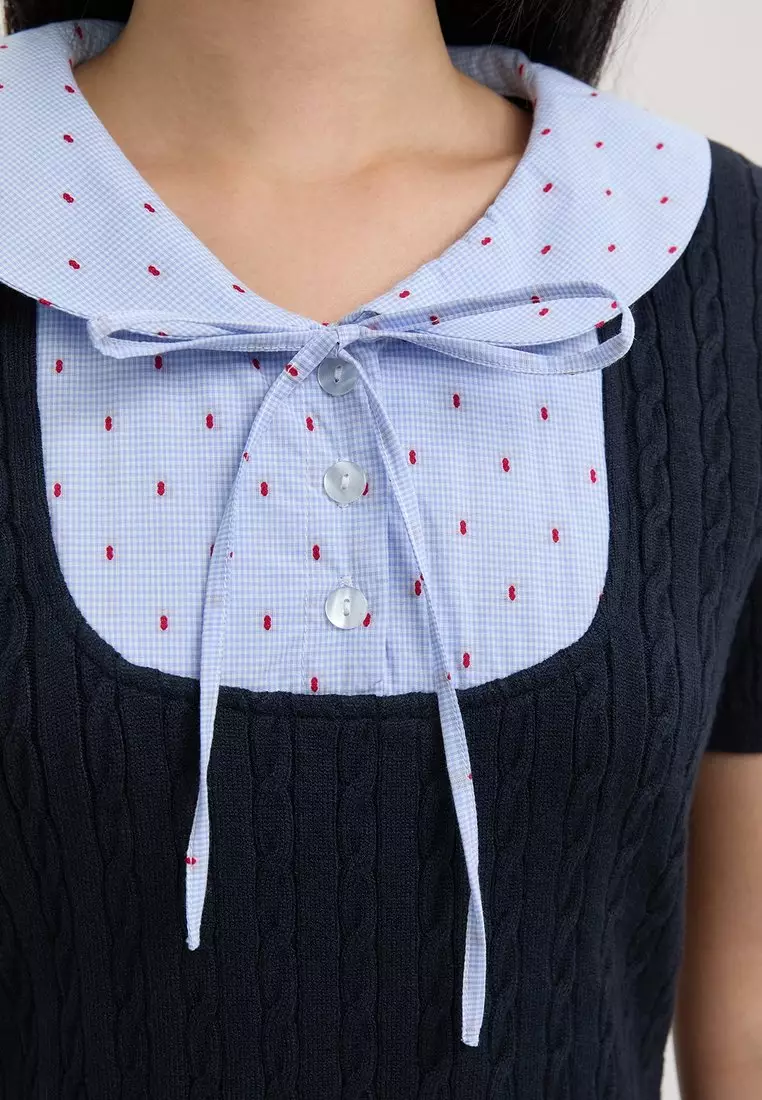 Collar Knit Mini Dress - Navy
