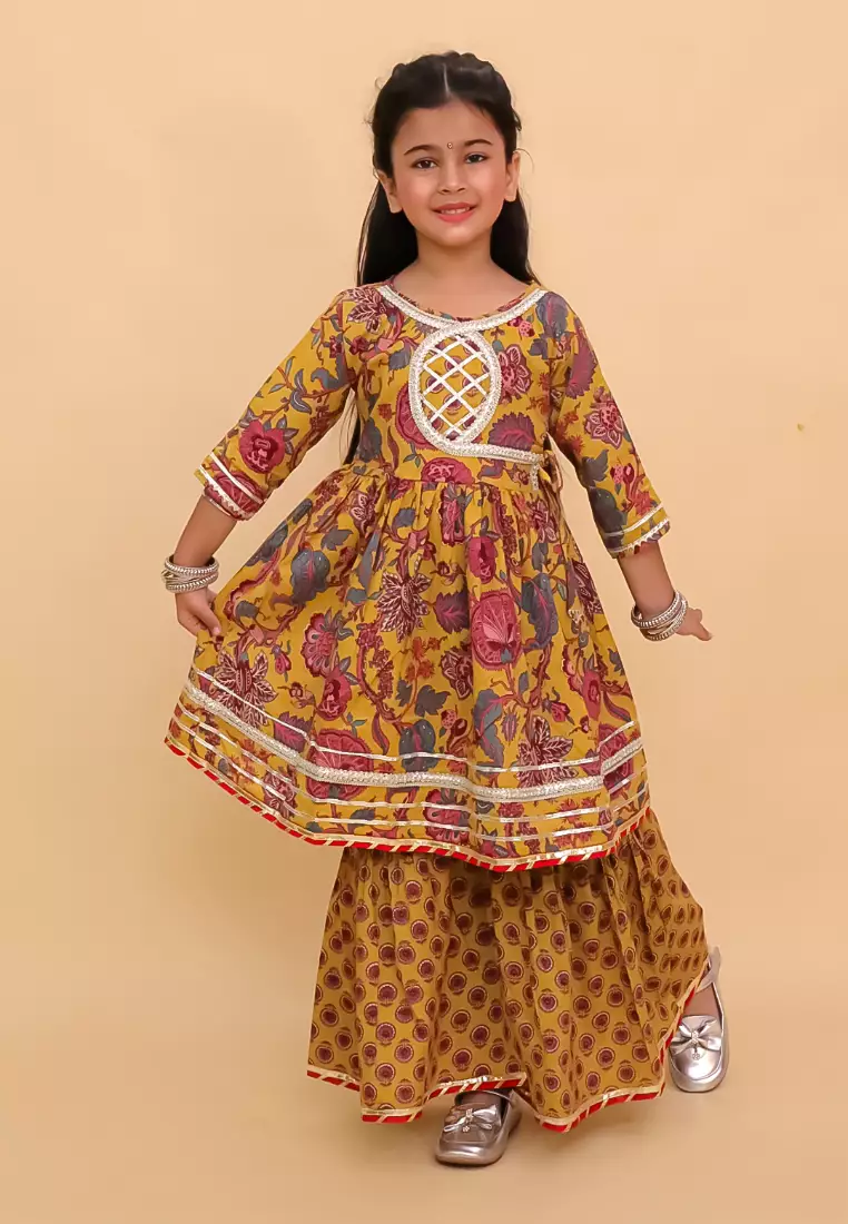 The Mom Store Peele Phool Block Print Girls Anarkali Sharara Set - Multi