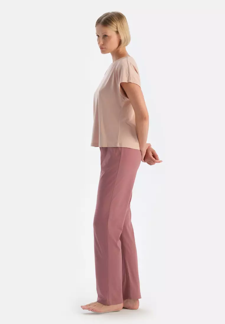2-Pack Ecru-Pink Trousers, Floral Print, Regular Fit, Sleepwear for Women
