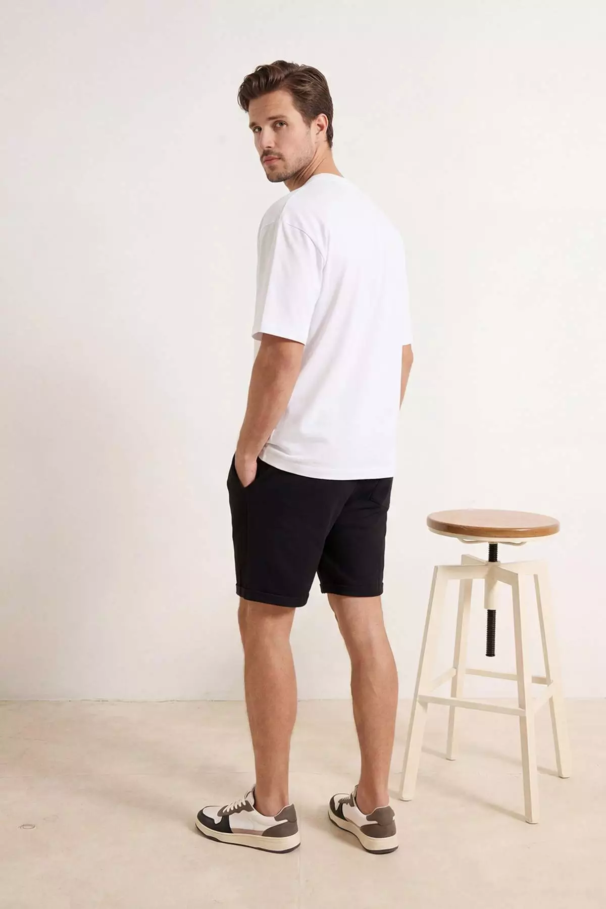 Black Elastic Waist Linen Look 100% Cotton Woven Men'S Shorts & Bermuda Tmnss26Sr00008