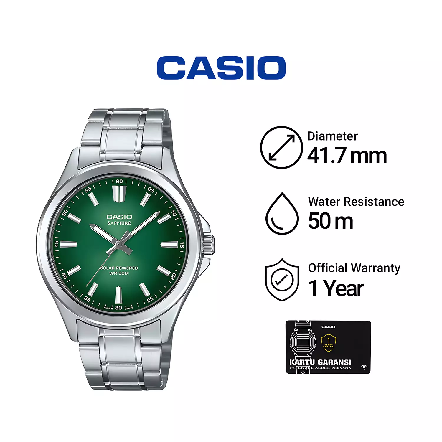 Casio Sapphire Glass - Solar Powered - Jam Tangan Analog Pria - Green Dial - All Stainless Steel - MTS-RS100D-3AV