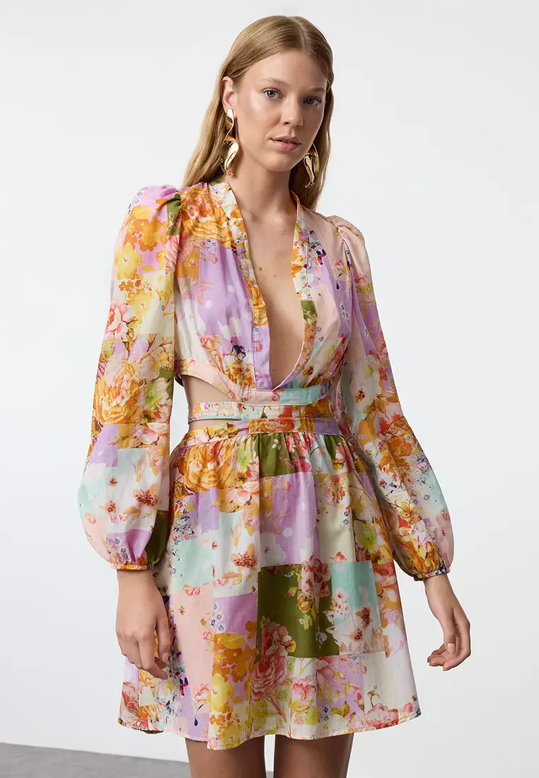 Floral Mini Woven Cut Out/Window 100% Cotton Beach Dress TBESS23EL00140