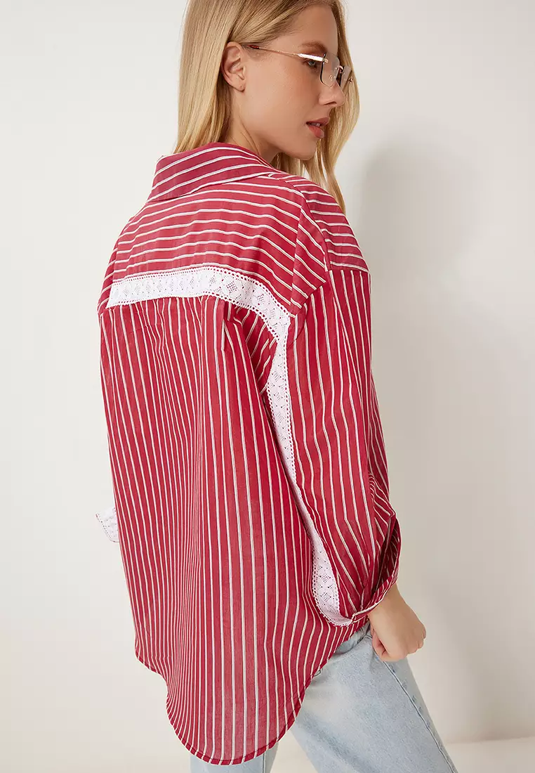 Women's Burgundy Lace Detailed Striped Oversize Shirt Rv00210