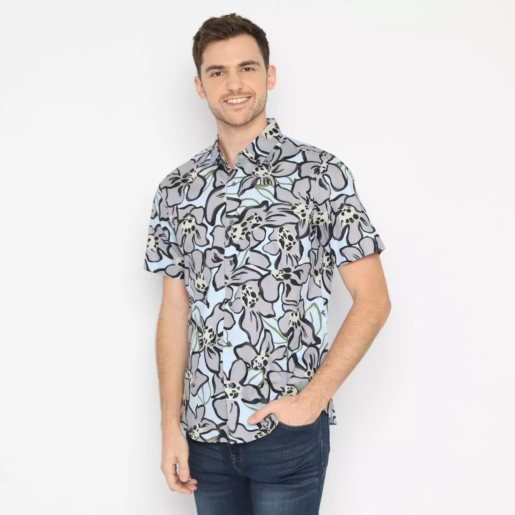 Platini Baju Kemeja Motif Hawai Pria Lengan Pendek Katun Biru Abu 73268