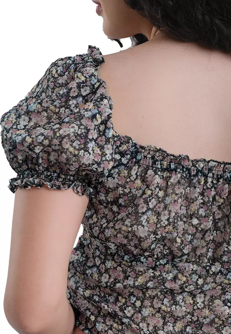 Romantic Puff Sleeve Floral Print Top