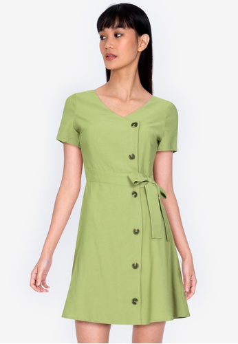 ZALORA BASICS green V Neck Button Down Fit and Flare Dress CD464AAC7AFAA0GS_1