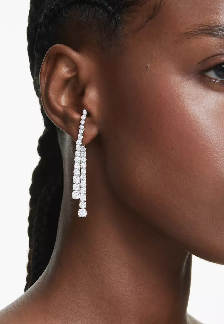 Matrix drop earrings, Gradient of round cuts, White, Rhodium plated
