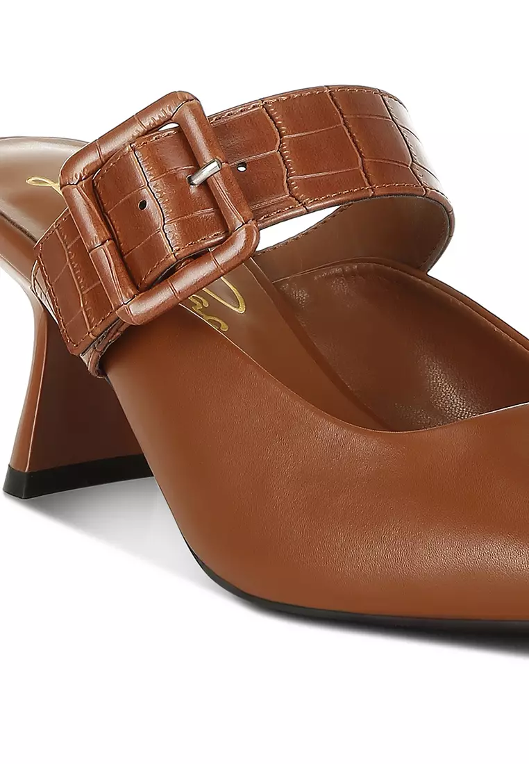 Tan Block Heel Mules