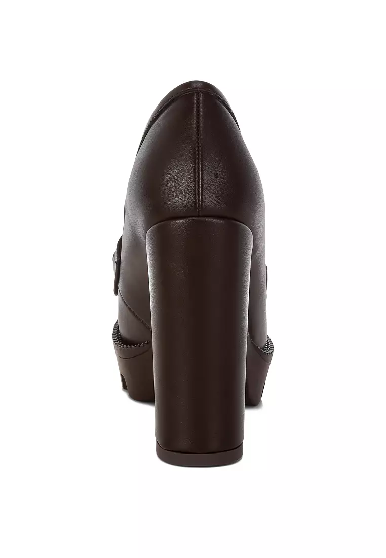 Brown Chunky High Block Heeled Loafers