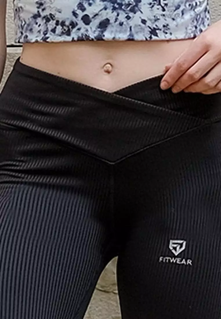 Fitwear - Legging / Celana Pendek Olahraga NATALIA MIDLENGTH - V WAIST BLACK RIBB