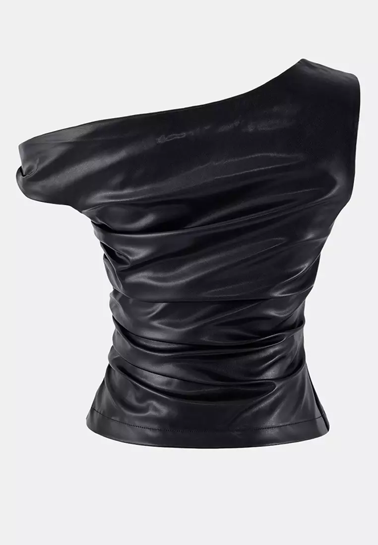 Asymmetric Neckline Faux Leather Blouse