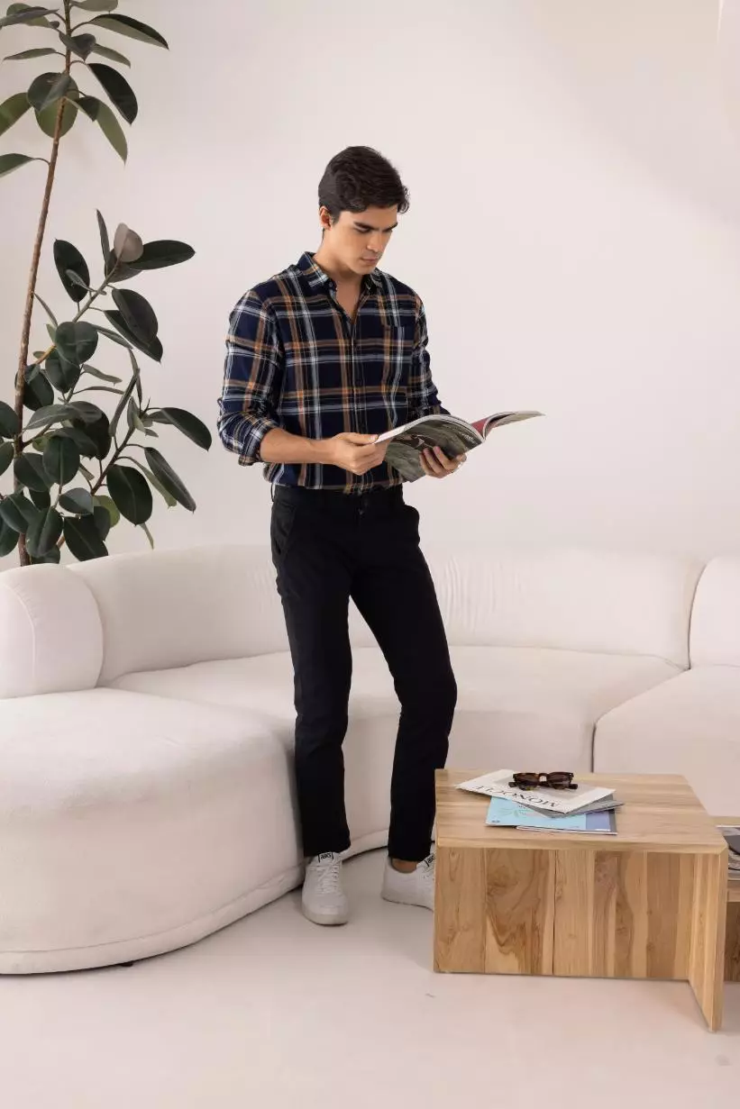 POLICE Kemeja Kotak Twill Orange Regular Fit Lengan Panjang Pria